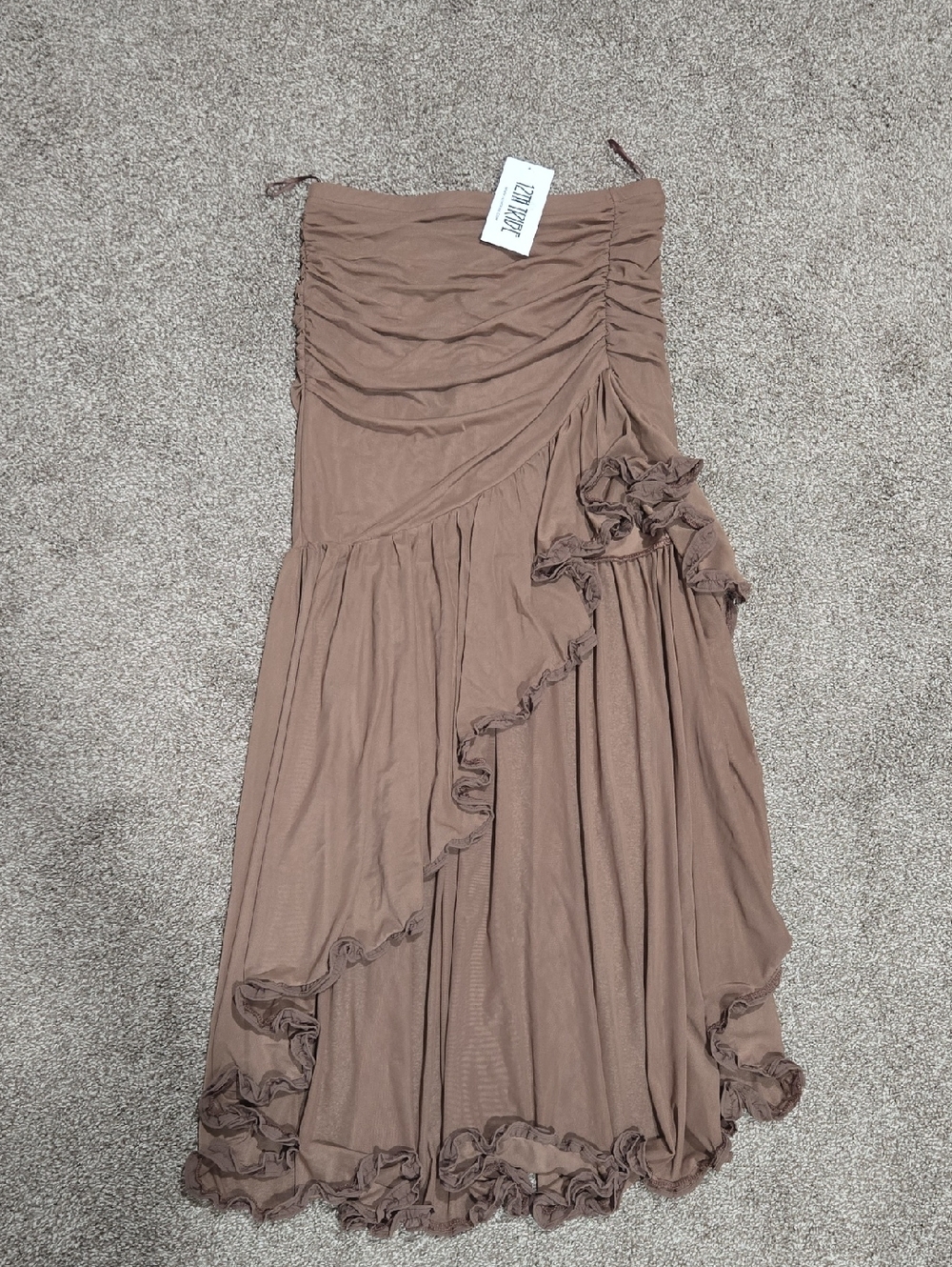 12th Tribe Strapless Ruffle Tiered Maxi Open Leg Dress in Brown